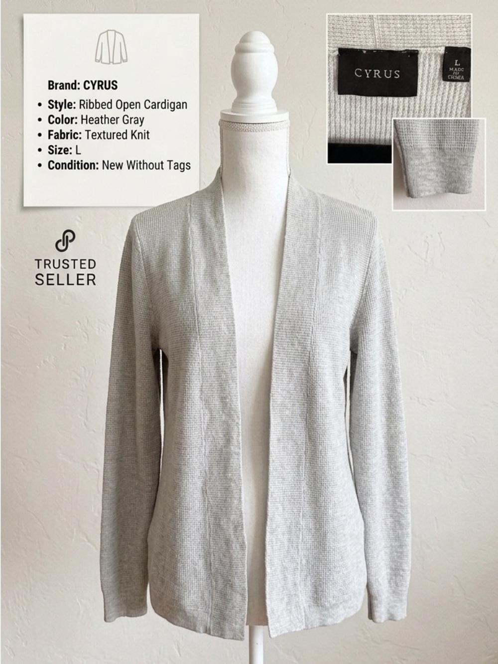 Cyrus Light Heather Gray Ribbed Open Cardigan